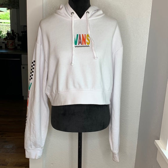 Vans Tops - Vans Cropped Hoodie Sweatshirt White Logo Checkerboard Sleeve L Skater Y2K Chill